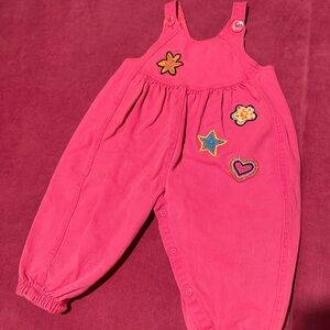 Vintage Hot Pink Denim Overalls with Embroidered Patches.